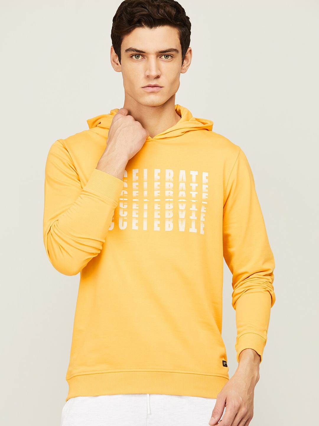 

Fame Forever by Lifestyle Men Yellow Printed Cotton Hooded Sweatshirt