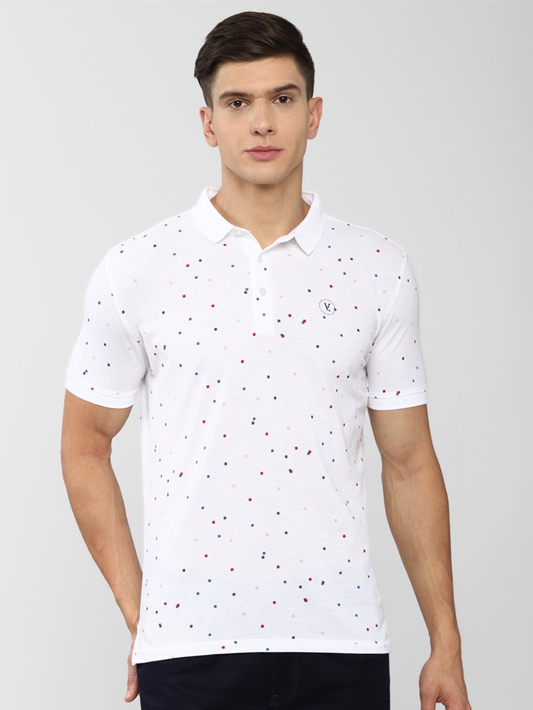 

V Dot Men White Printed Polo Collar Slim Fit T-shirt