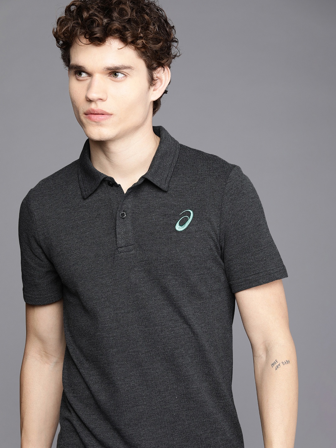 

ASICS Men Charcoal Grey Solid Heather Polo Collar Training T-shirt