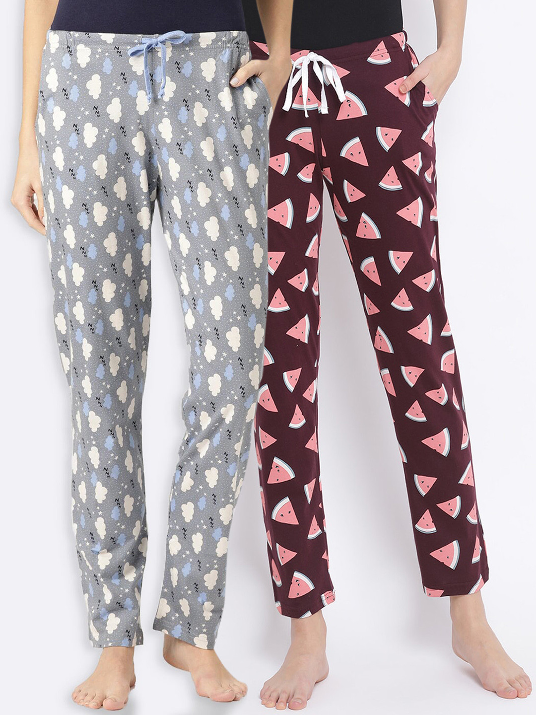 

Kanvin Women Pack Of 2 Printed Pure Cotton Lounge Pants, Brown