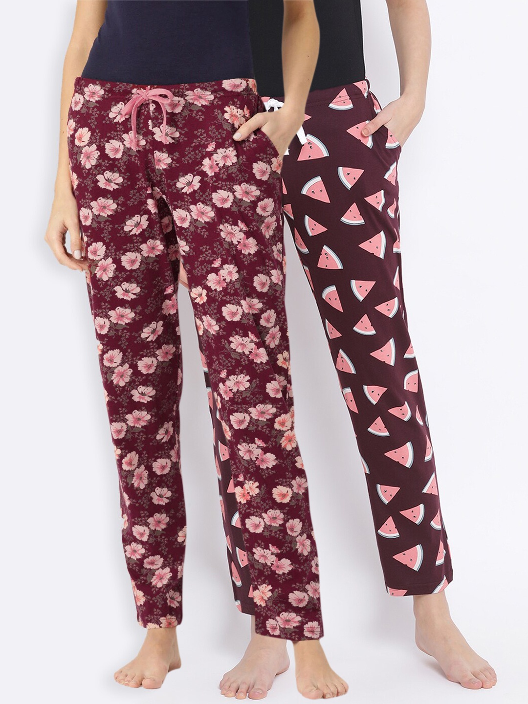 

Kanvin Women Pack Of 2 Printed Pure Cotton Lounge Pants, Brown