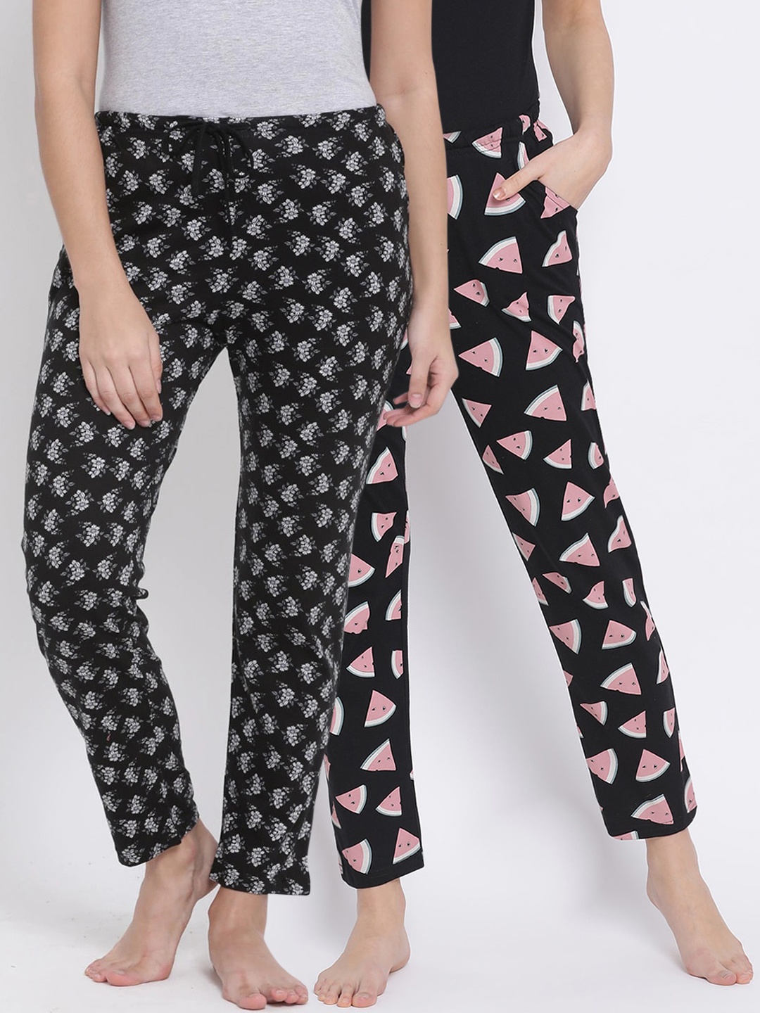 

Kanvin Women Pack Of 2 Printed Pure Cotton Lounge Pants, Black