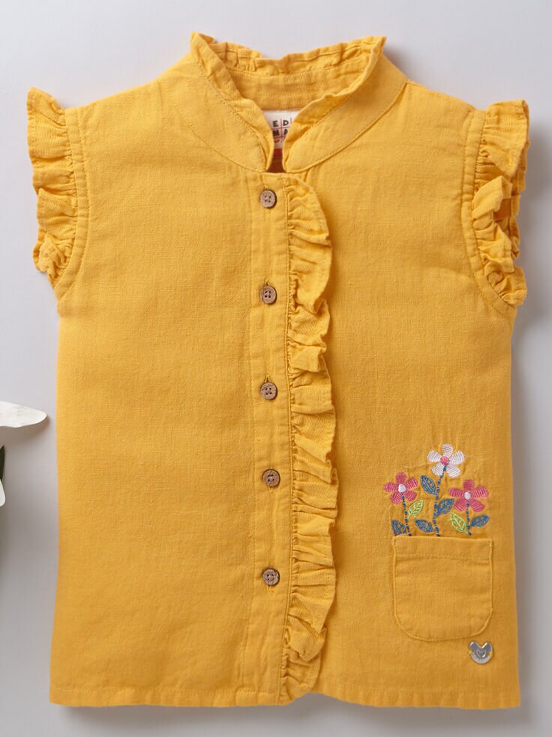 

Ed-a-Mamma Yellow Mandarin Collar Organic Cotton Shirt Style Top