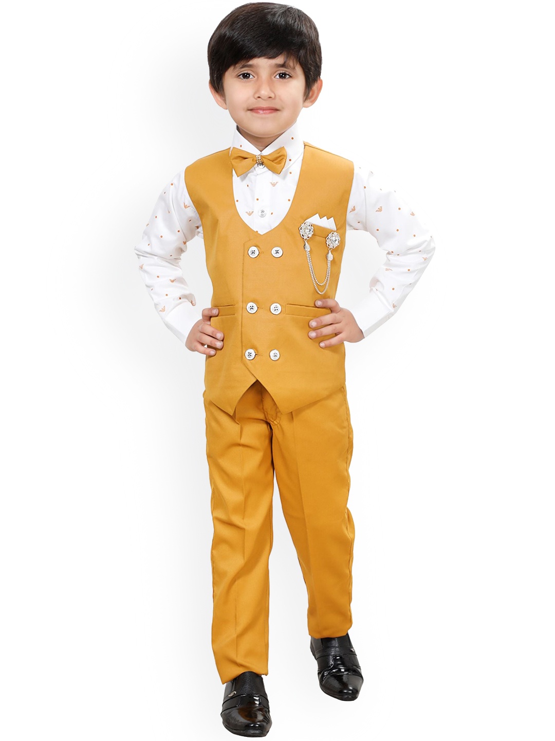 

DKGF FASHION Boys Mustard & Off White Solid 3 Piece Suit