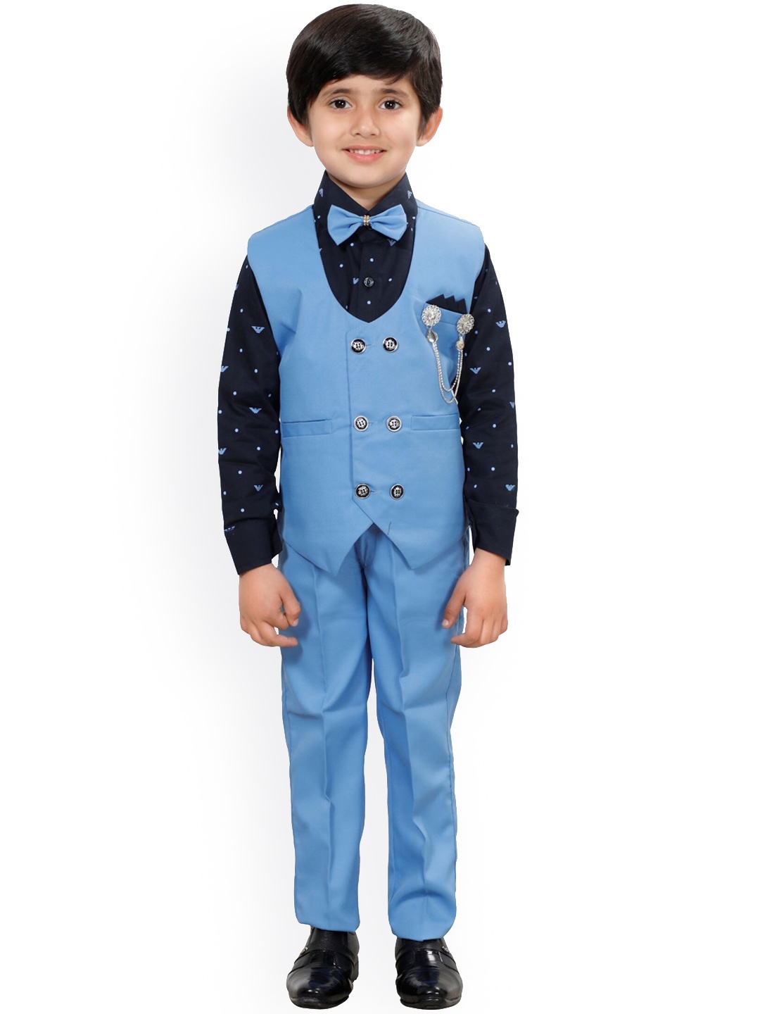 

DKGF FASHION Boys Blue Printed Shirt with Trousers and a Waistcoat