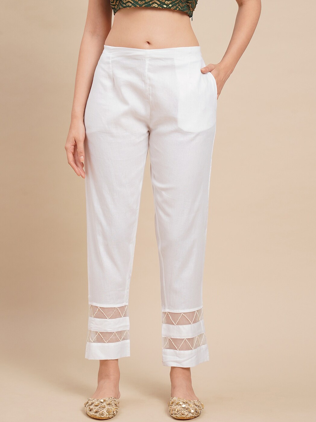 

FASHOR Women White Comfort Straight Fit Pleated Trousers
