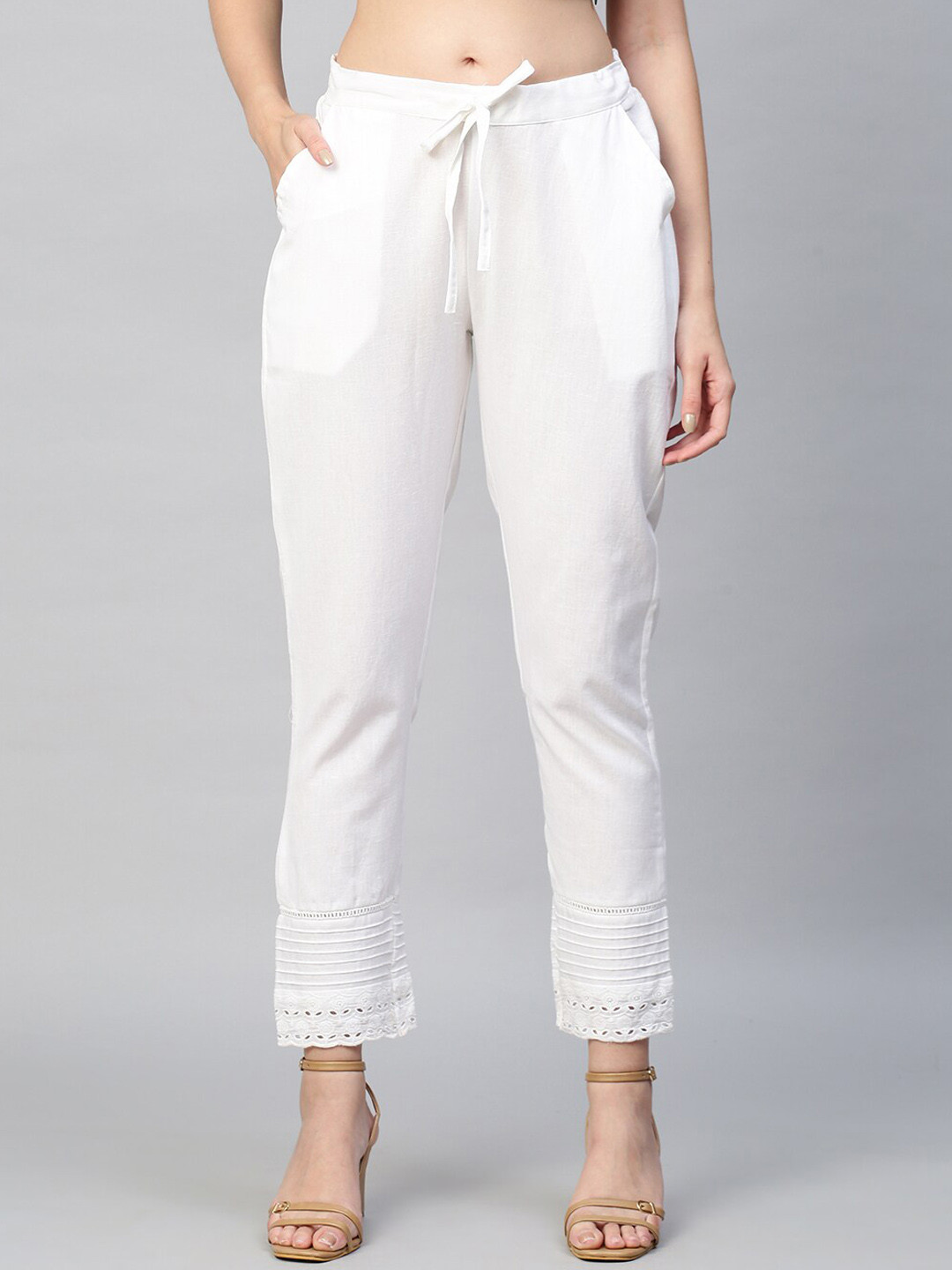 

FASHOR Women White Comfort Straight Fit Pleated Trousers