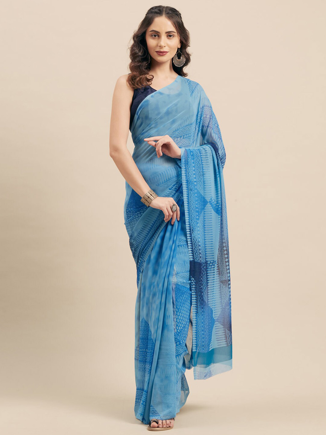 

KALINI Blue Printed Poly Georgette Saree