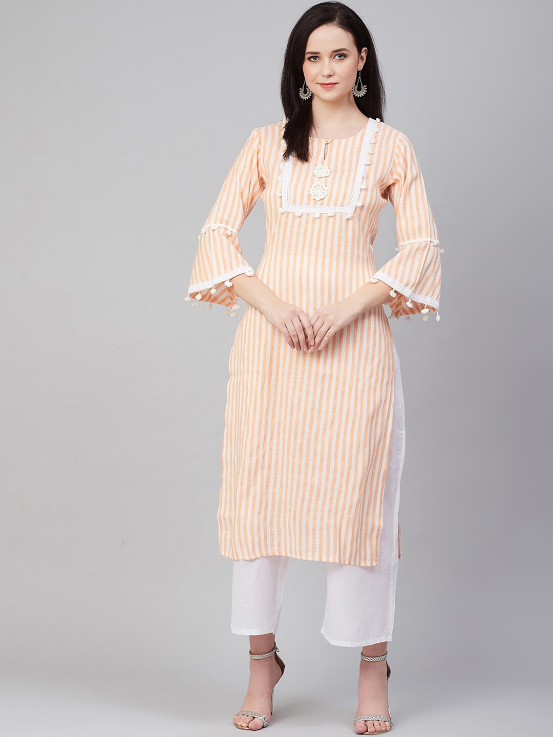 

Bhama Couture Women White Striped Panelled Kurti with Trousers