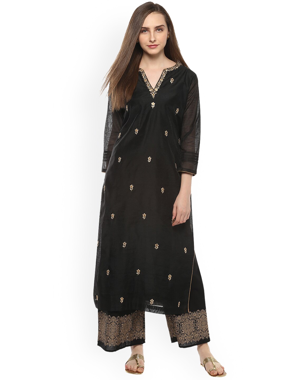 

Bhama Couture Women Black Floral Embroidered Kurta with Palazzos