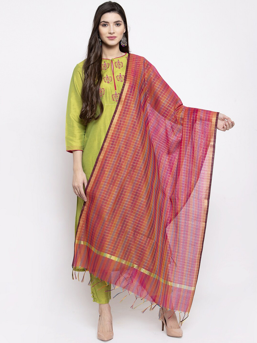 

Bhama Couture Women Green Ethnic Motifs Embroidered Panelled Kurti with Trousers & With Dupatta