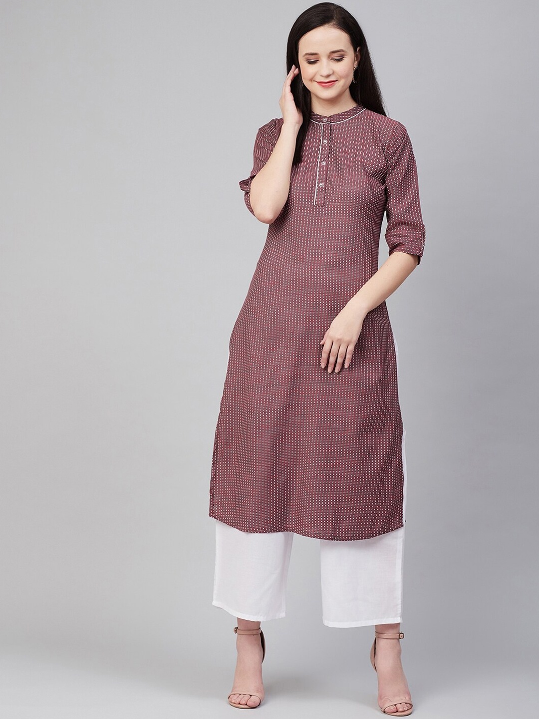 

Bhama Couture Women Maroon & White Striped Cotton Straight Kurta