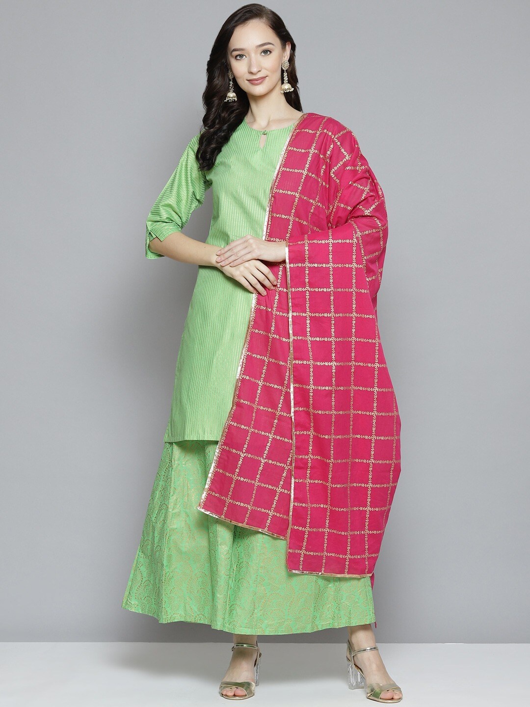 

Bhama Couture Women Green & Fuchsia Striped Kurta with Palazzos & Dupatta
