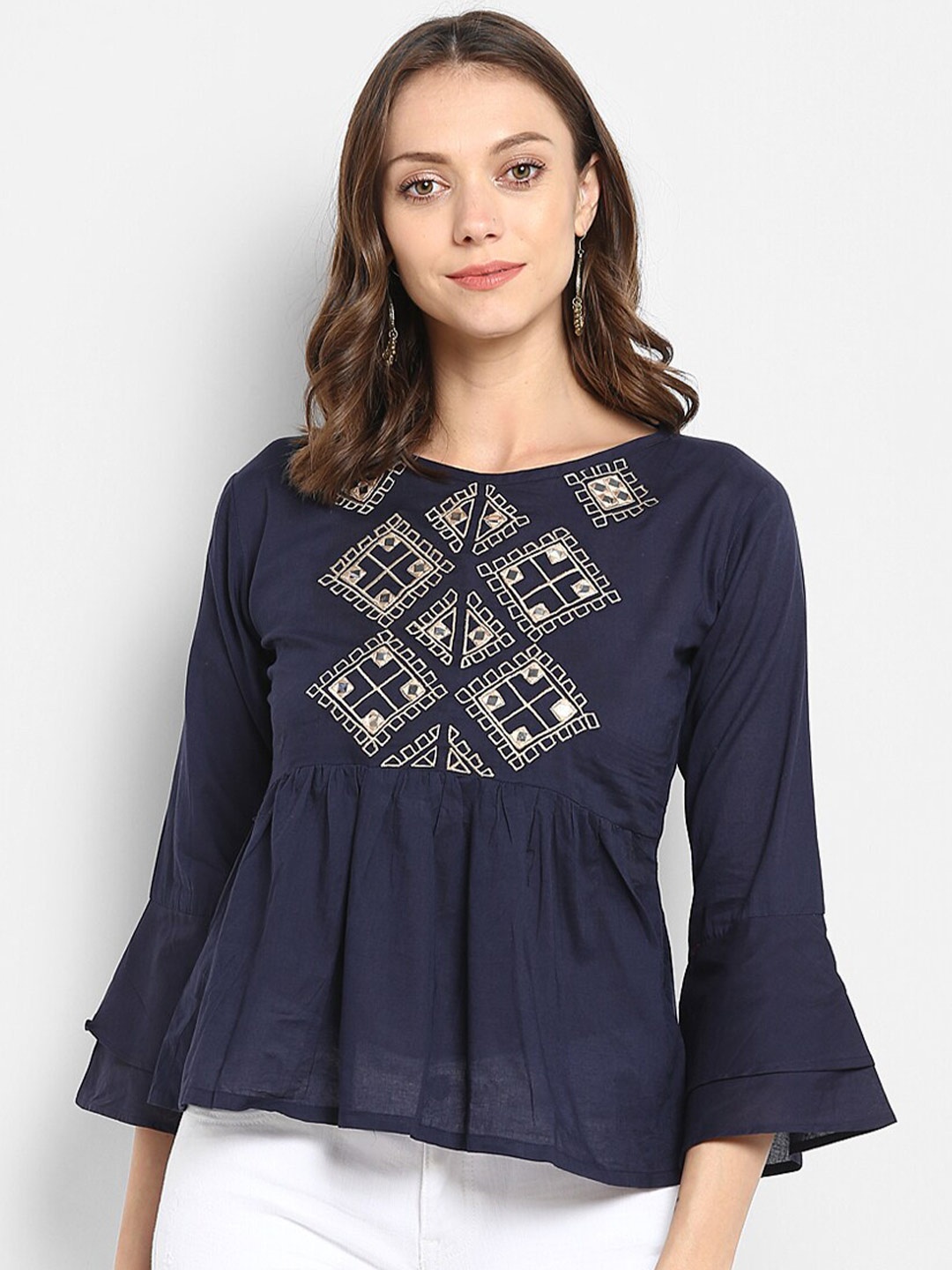 

Bhama Couture Navy Blue & Golden Embroidered Tie-Up Neck Top