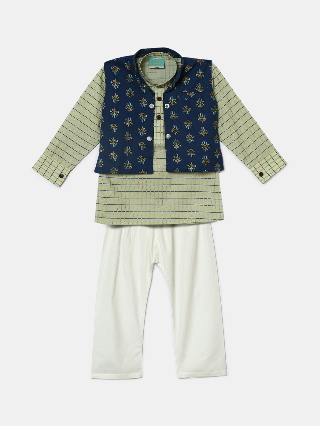

Hopscotch Boys Green Ethnic Motifs Printed Pure Cotton Kurti with Pyjamas