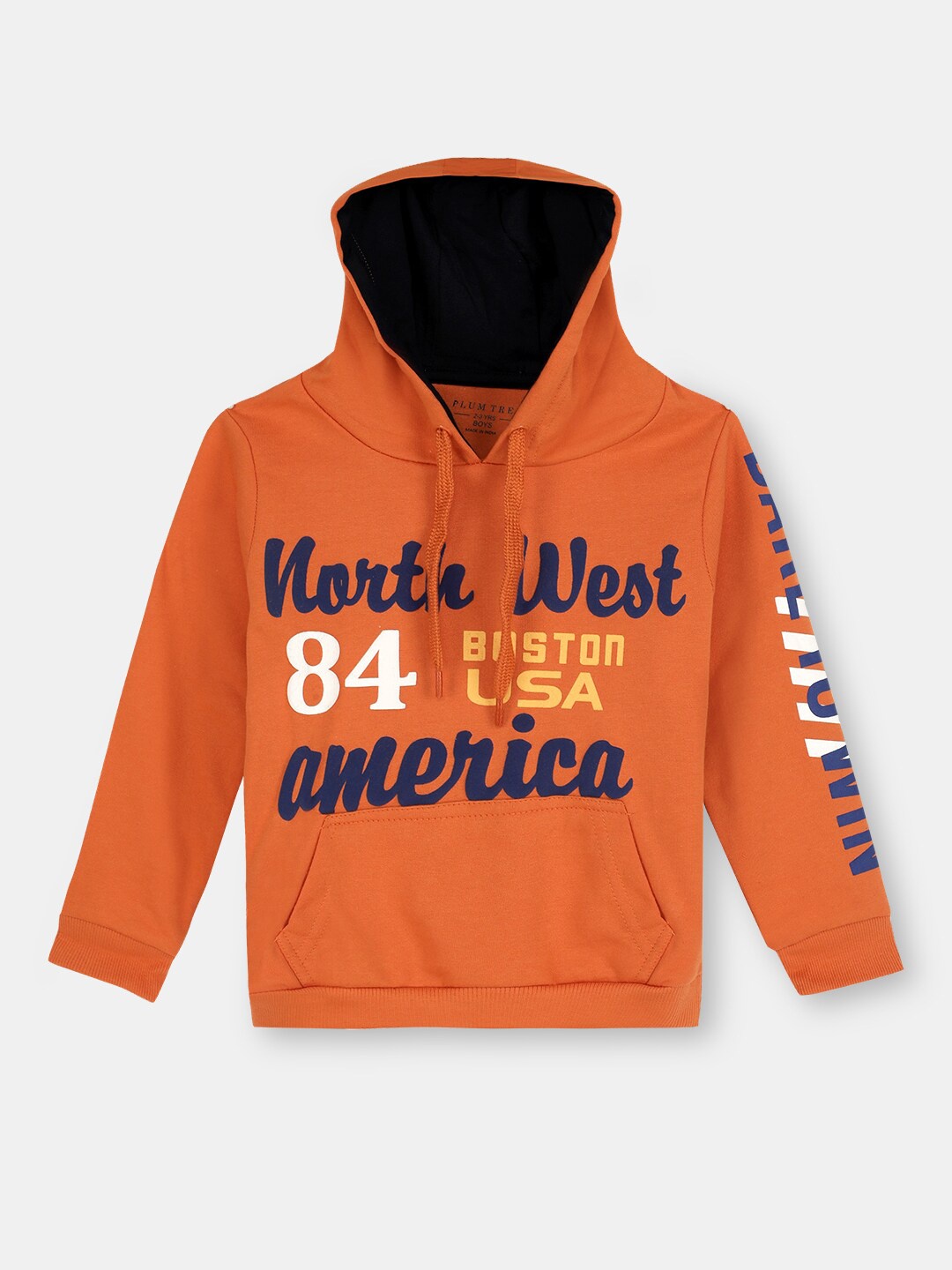 

Hopscotch Boys Orange Printed Hooded Sweatshirt