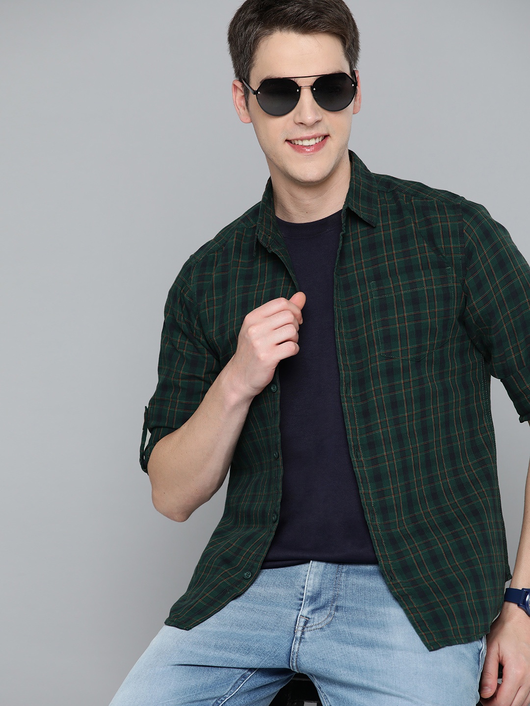 

HERE&NOW Men Green Tartan Checks Slim Fit Pure Cotton Casual Shirt
