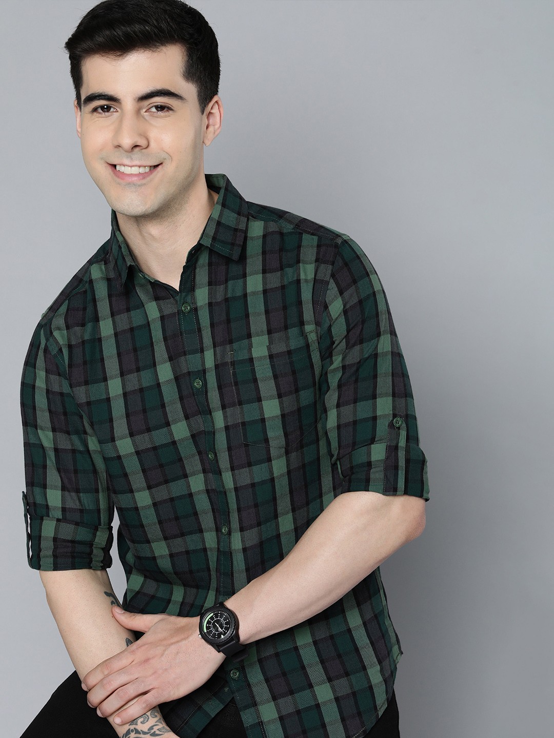 

HERE&NOW Men Pure Cotton Slim Fit Buffalo Checked Casual Shirt, Green