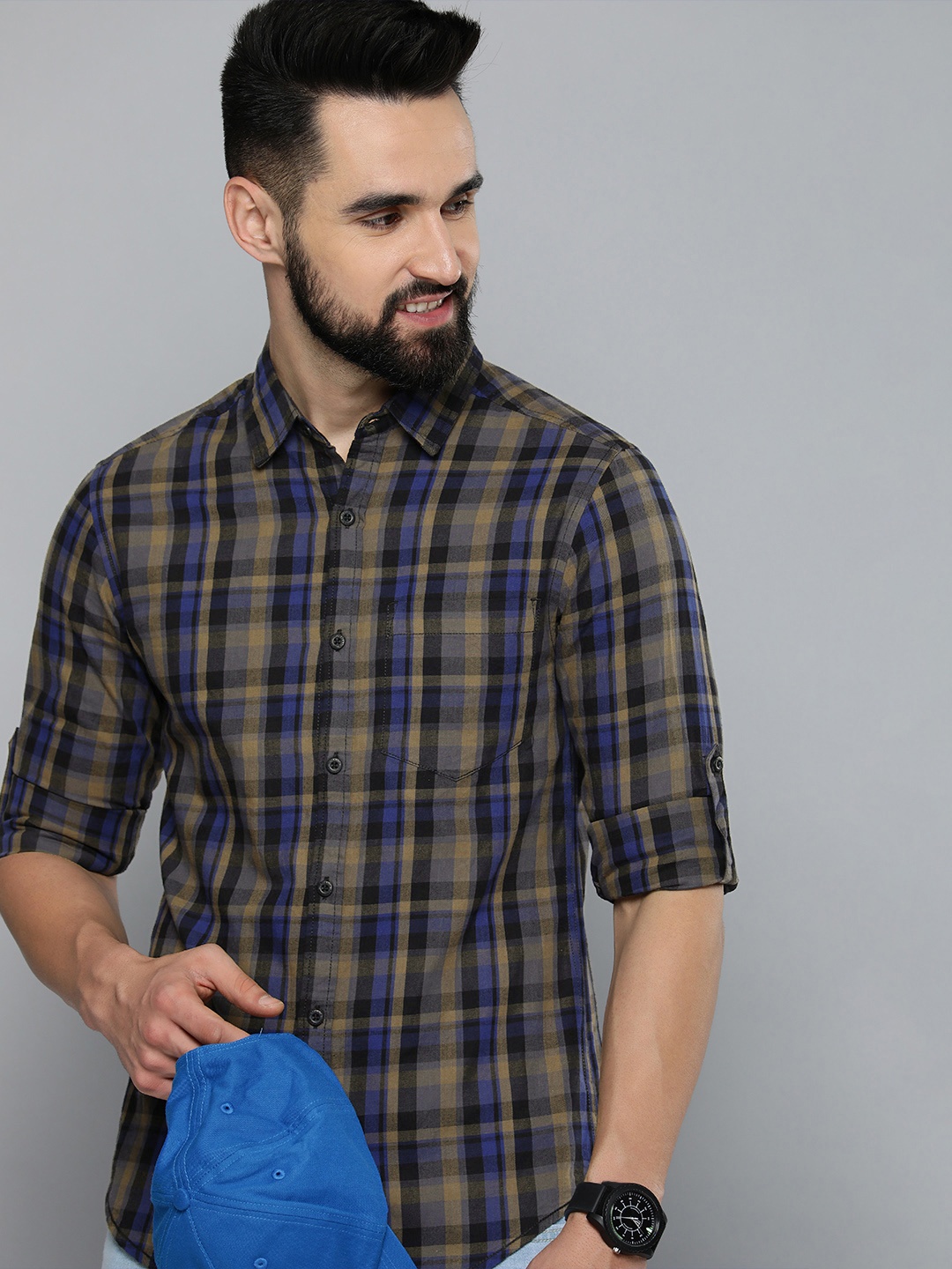 

HERE&NOW Men Mustard Yellow Slim Fit Checked Opaque Pure Cotton Shirt