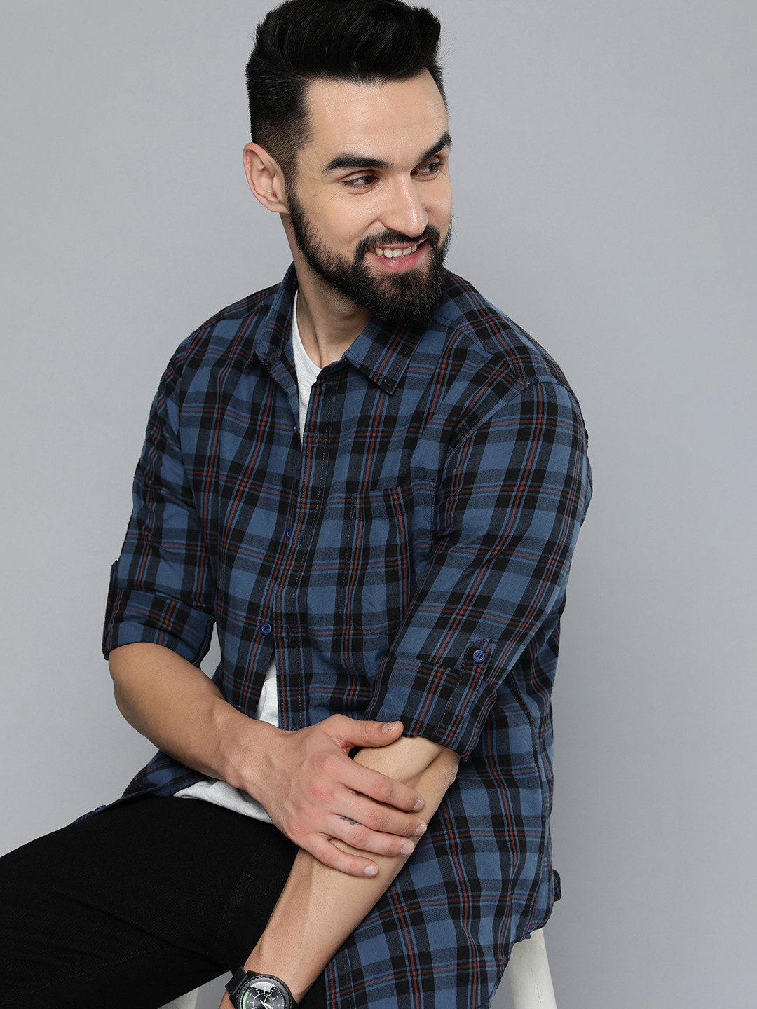 

HERE&NOW Men Blue Slim Fit Tartan Checks Opaque Pure Cotton Casual Shirt