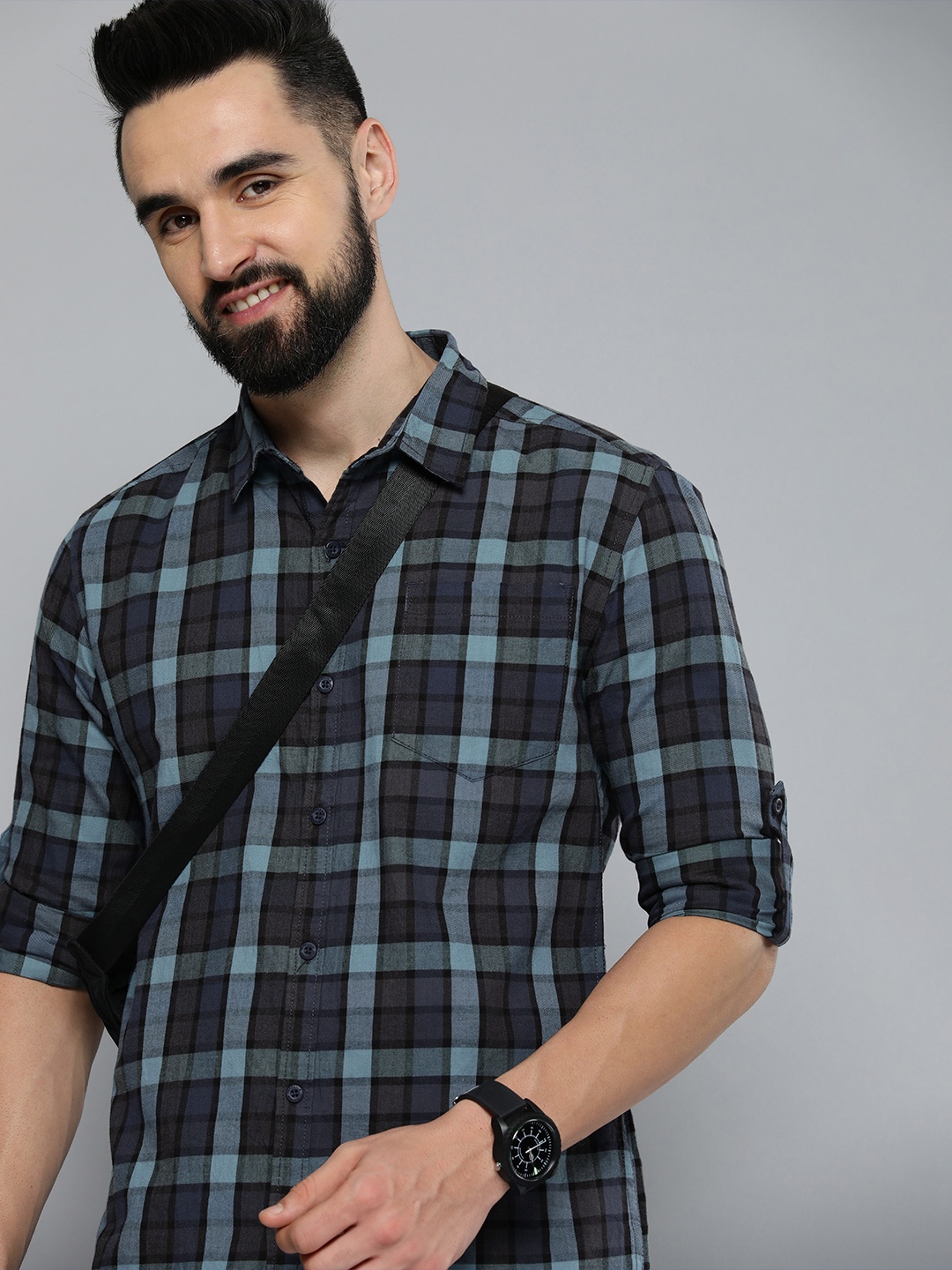 

HERE&NOW Men Blue Slim Fit Tartan Checks Opaque Pure Cotton Casual Shirt