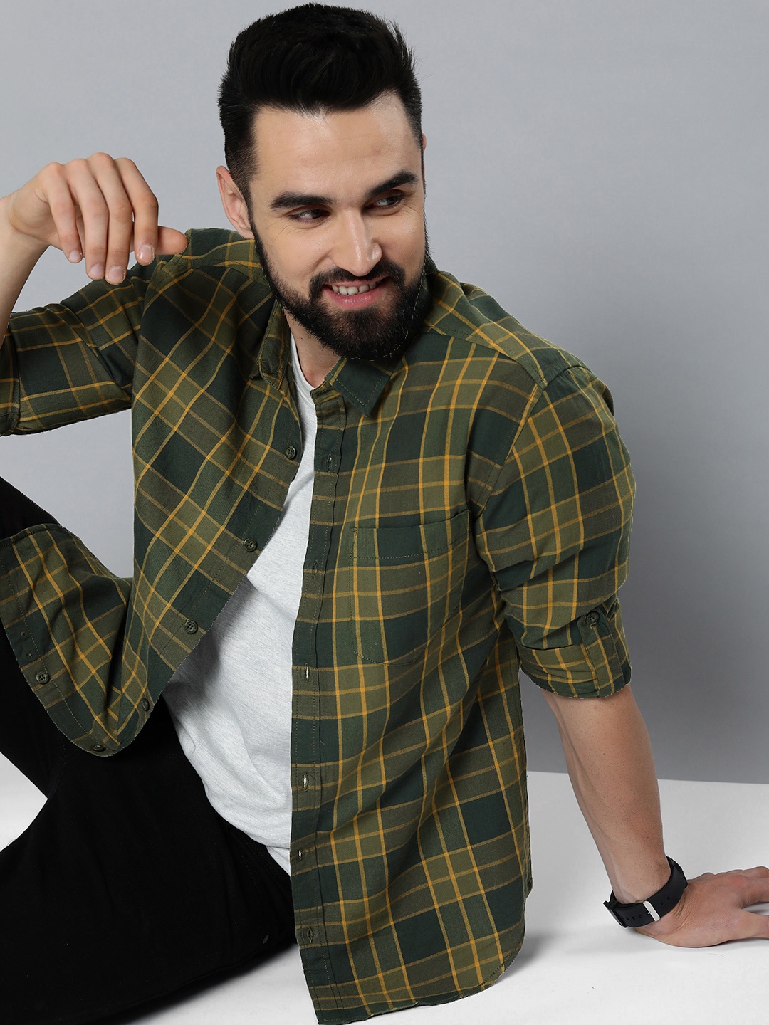 

HERE&NOW Men Olive Green Slim Fit Tartan Checks Opaque Pure Cotton Casual Shirt