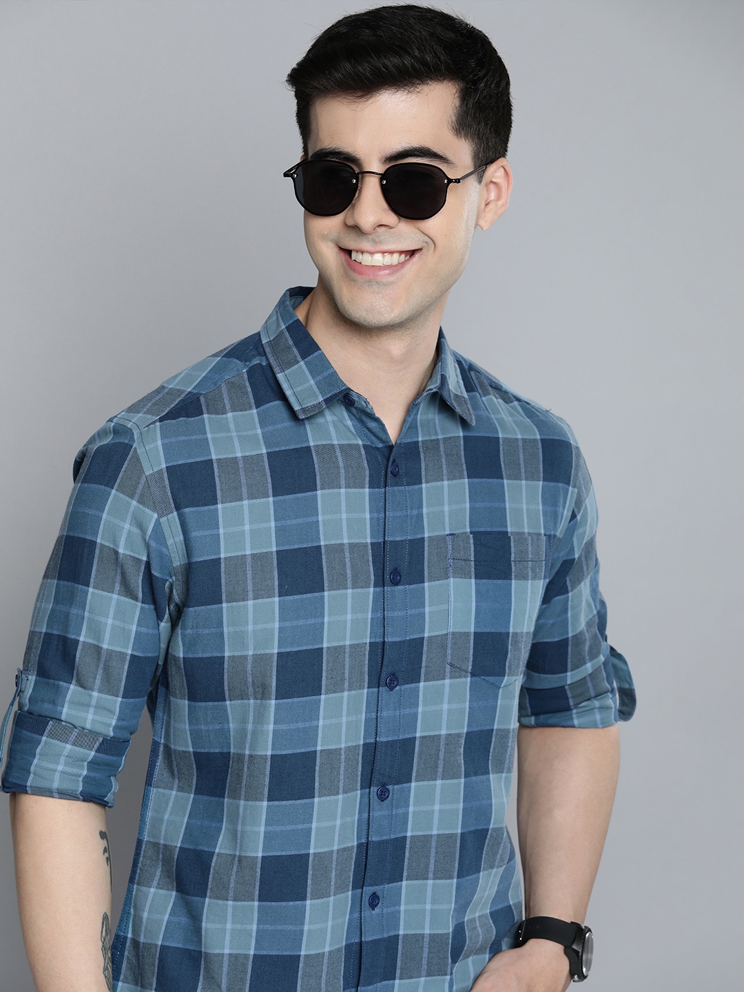 

HERE&NOW Men Pure Cotton Slim Fit Checked Casual Shirt, Blue