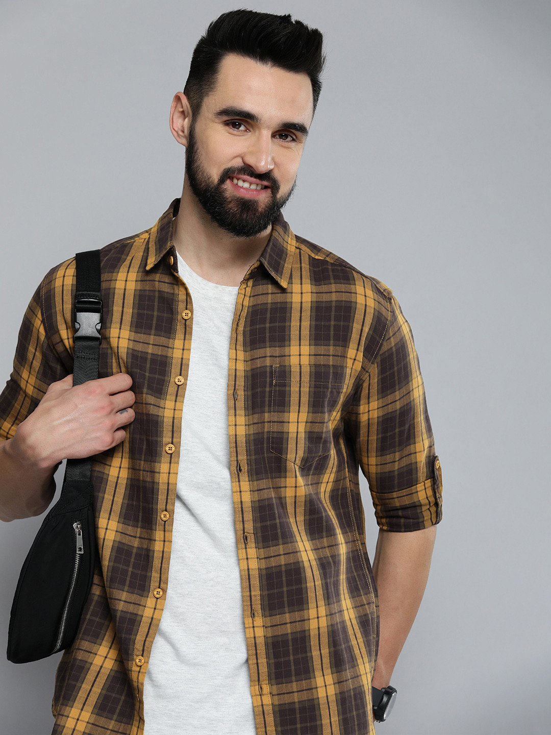 

HERE&NOW Men Mustard Yellow Slim Fit Tartan Checks Opaque Pure Cotton Casual Shirt