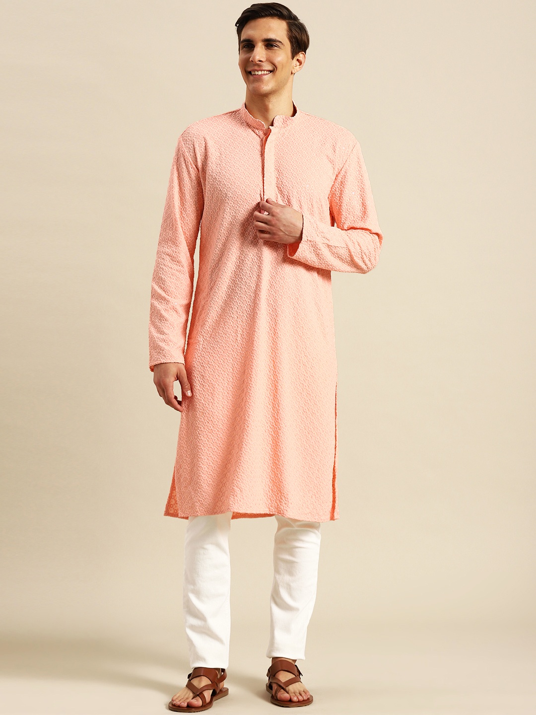 

RAJUBHAI HARGOVINDAS Men Peach-Coloured Sequinned Chikankari Kurta