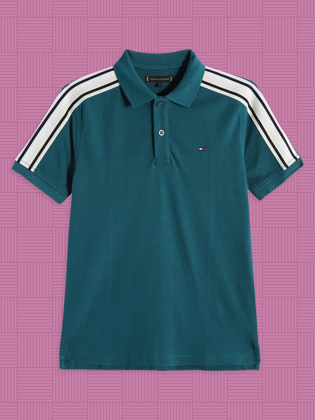 

Tommy Hilfiger Boys Teal Blue Solid Polo Collar Organic Cotton T-shirt