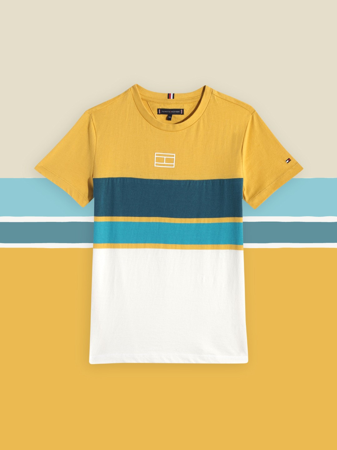 

Tommy Hilfiger Boys Yellow & Blue Striped Pure Cotton T-shirt