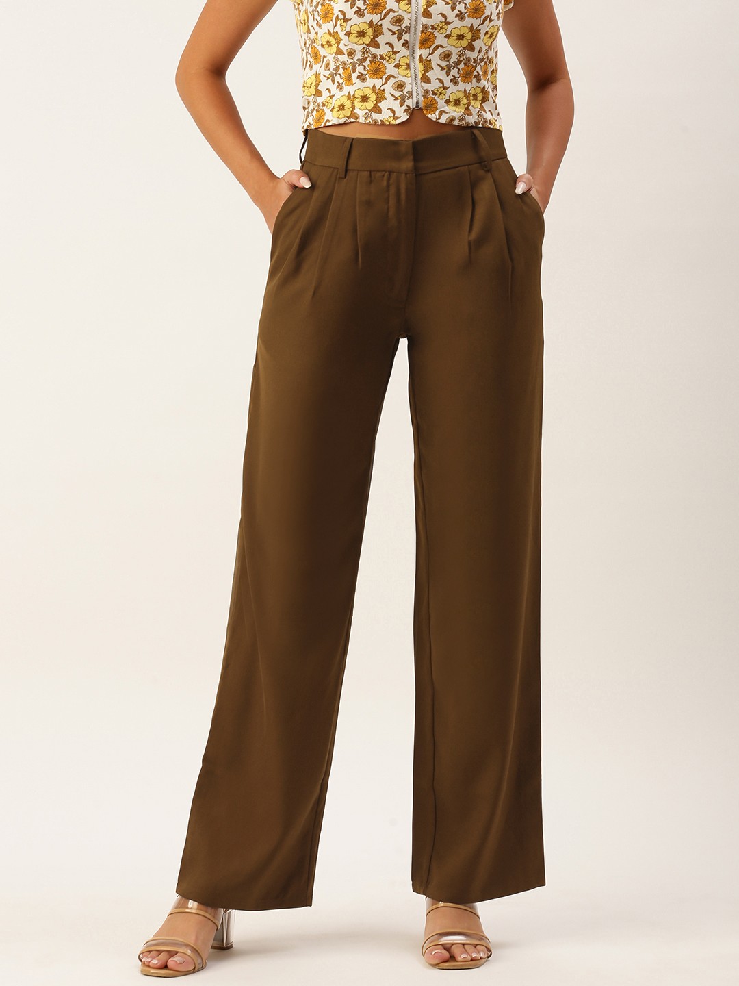 

FOREVER 21 Women Brown Solid Mid-Rise Pleated Parallel Trousers