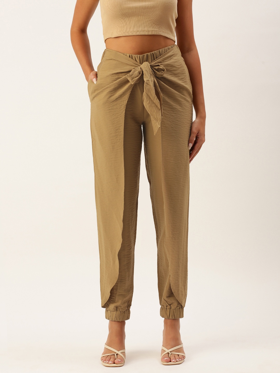 

FOREVER 21 Women Beige Solid Joggers Trousers With Overlap Detailing