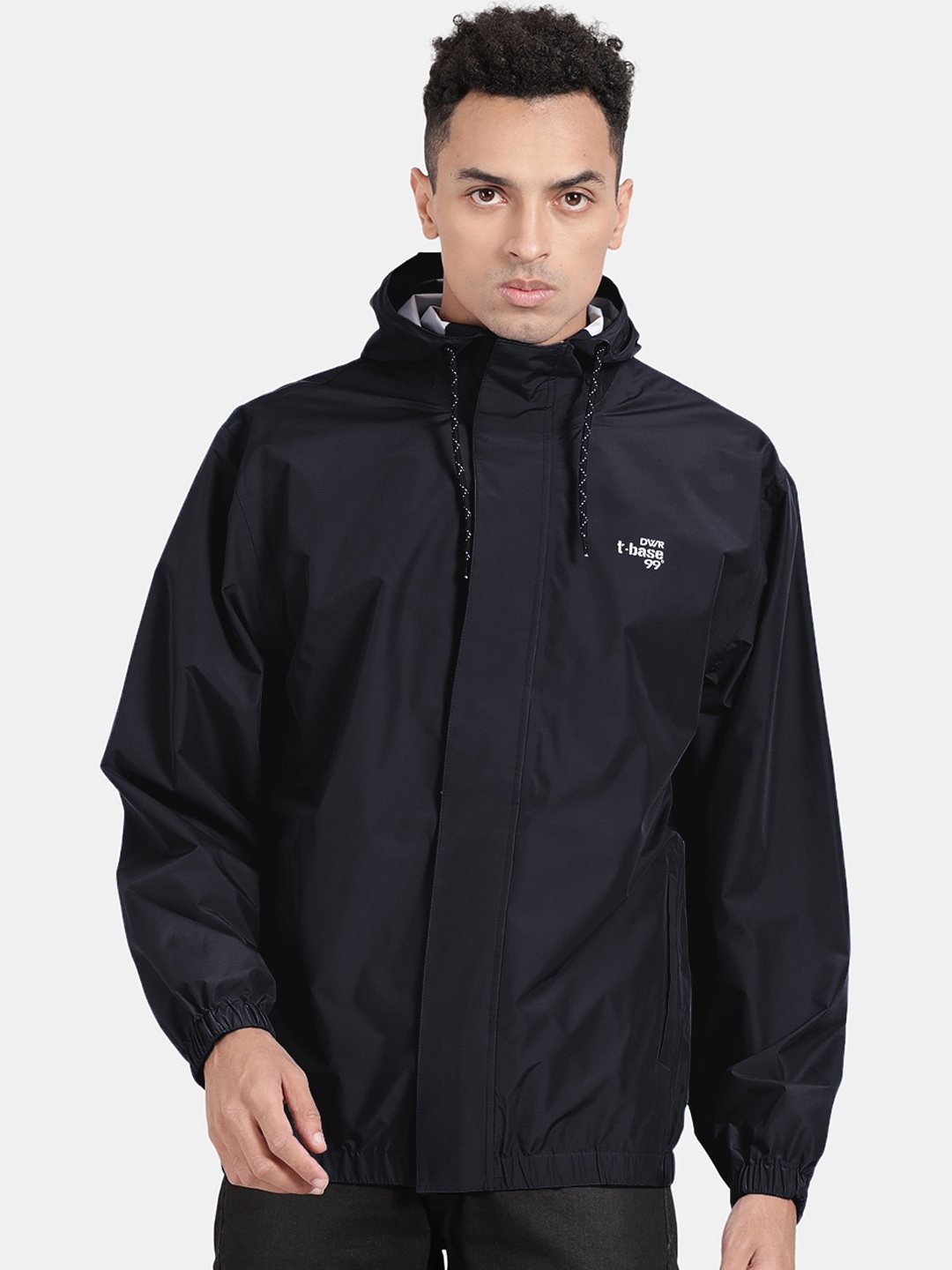 

t-base Men Navy Blue Solid Hooded Rain Jacket