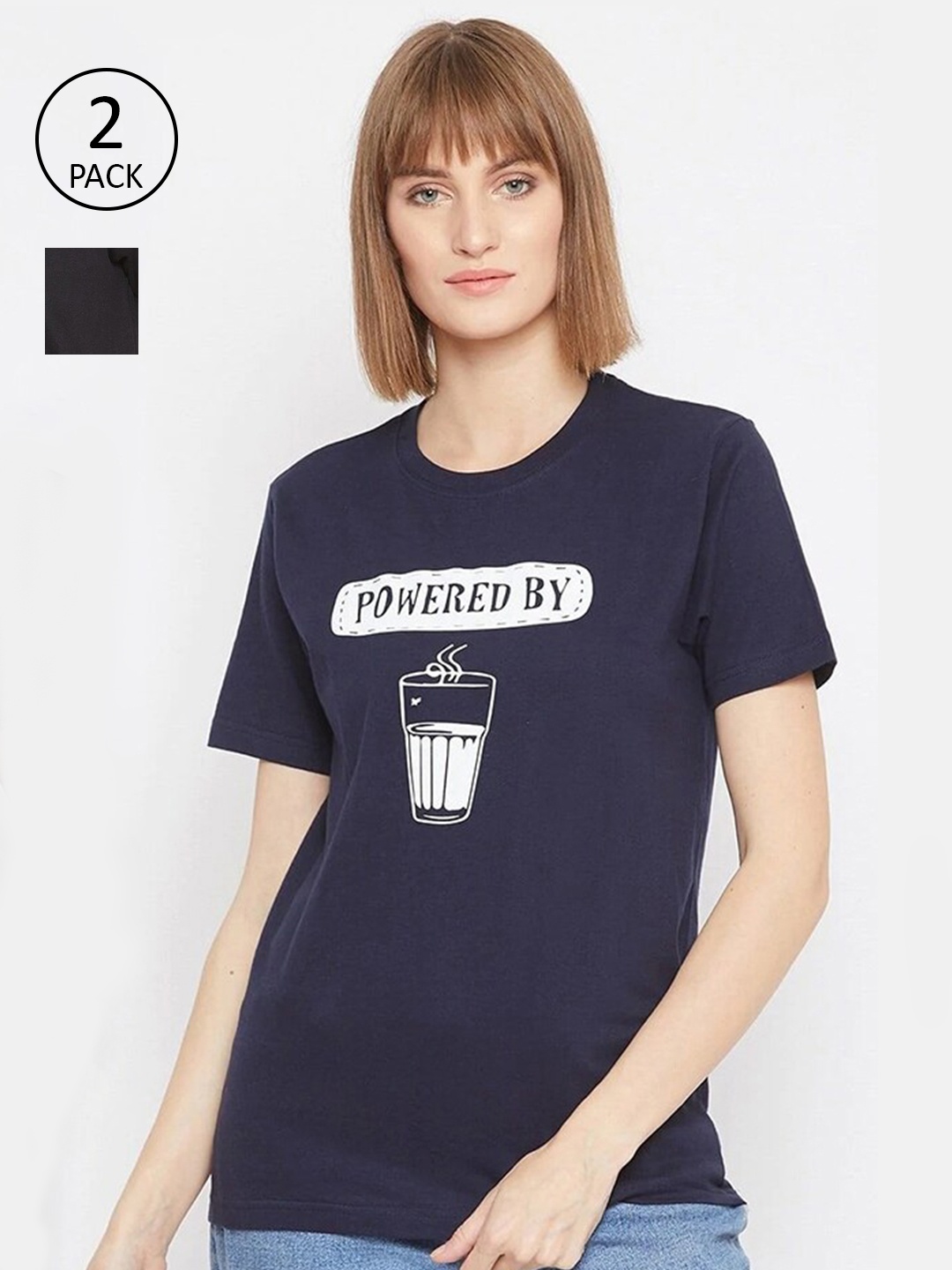 

Uptownie Lite Women Pack of 2 Black & Navy Blue Printed Round Neck T-shirt