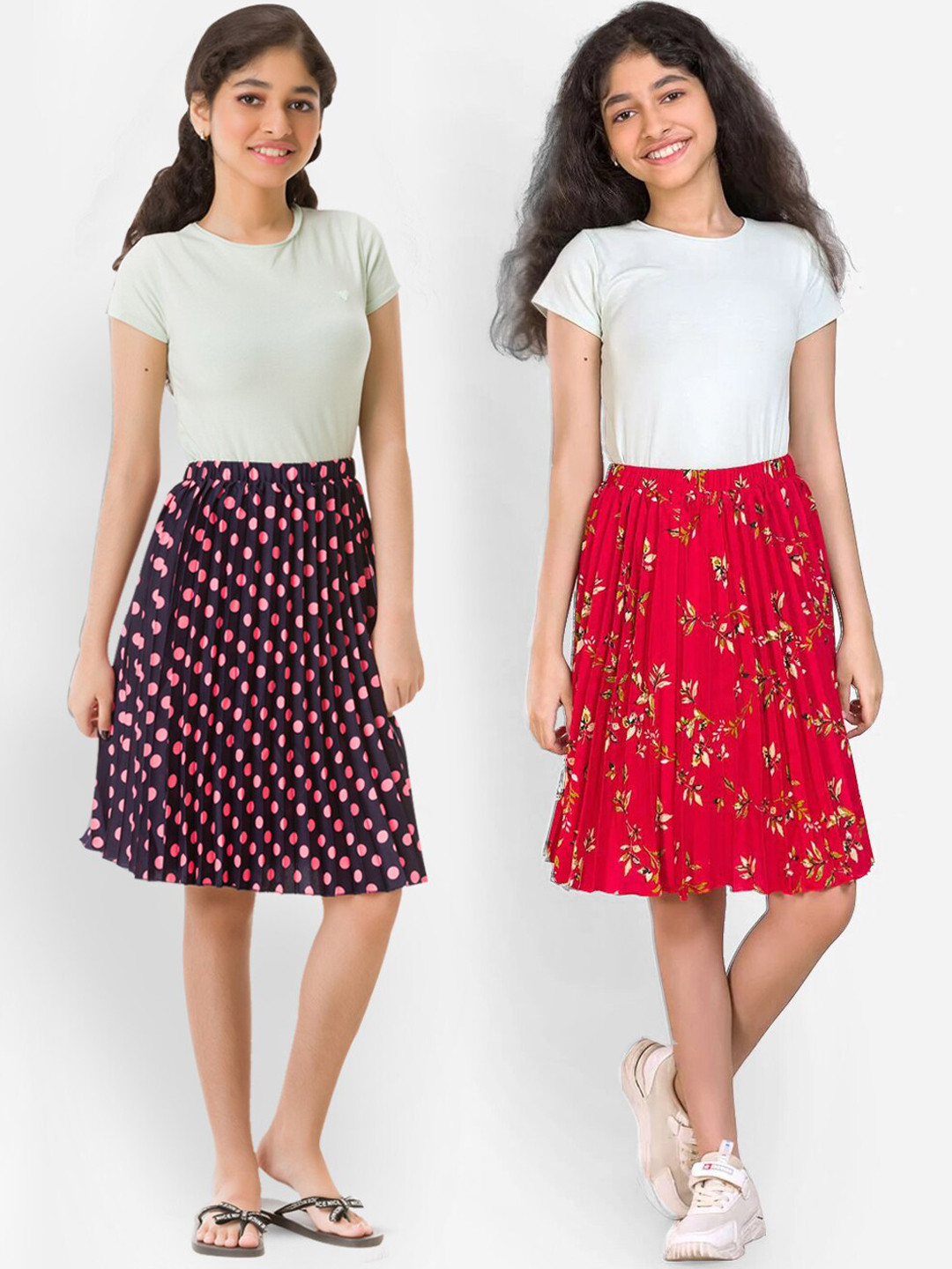 

Uptownie Lite Girls Pack of 2 Black & Red Printed Midi Pleated Skirts