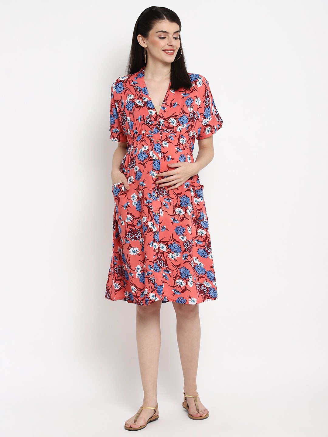 

The Vanca Pink & Blue Floral Printed Maternity Dress