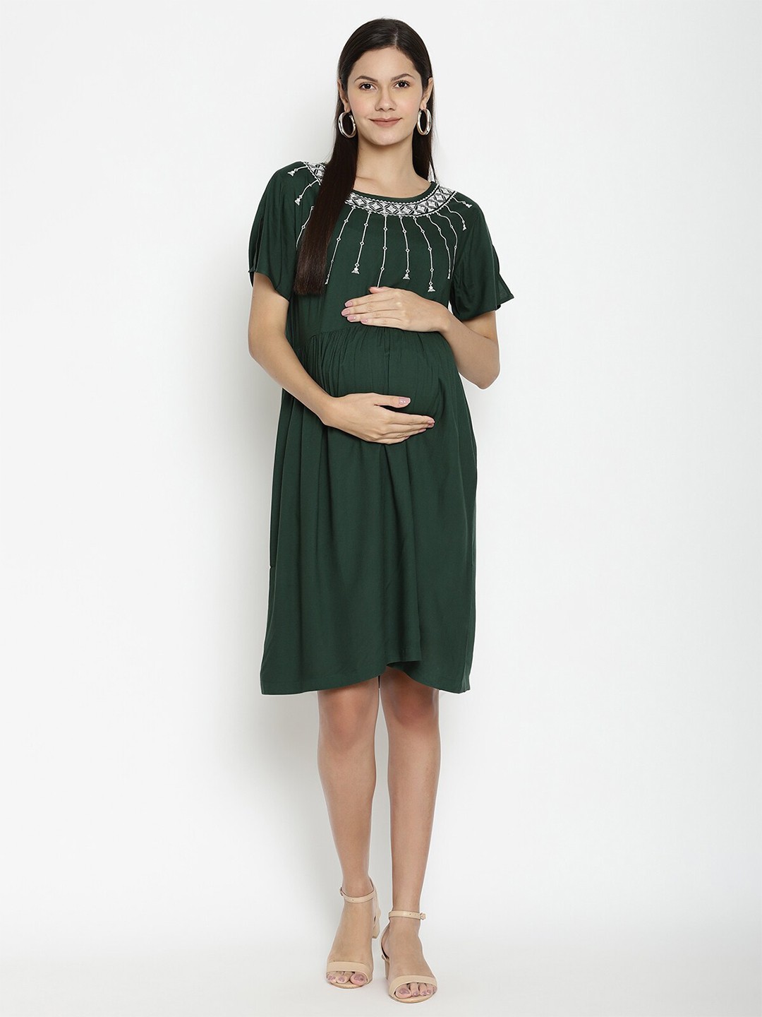 

The Vanca Green Embroidered Maternity A-Line Dress