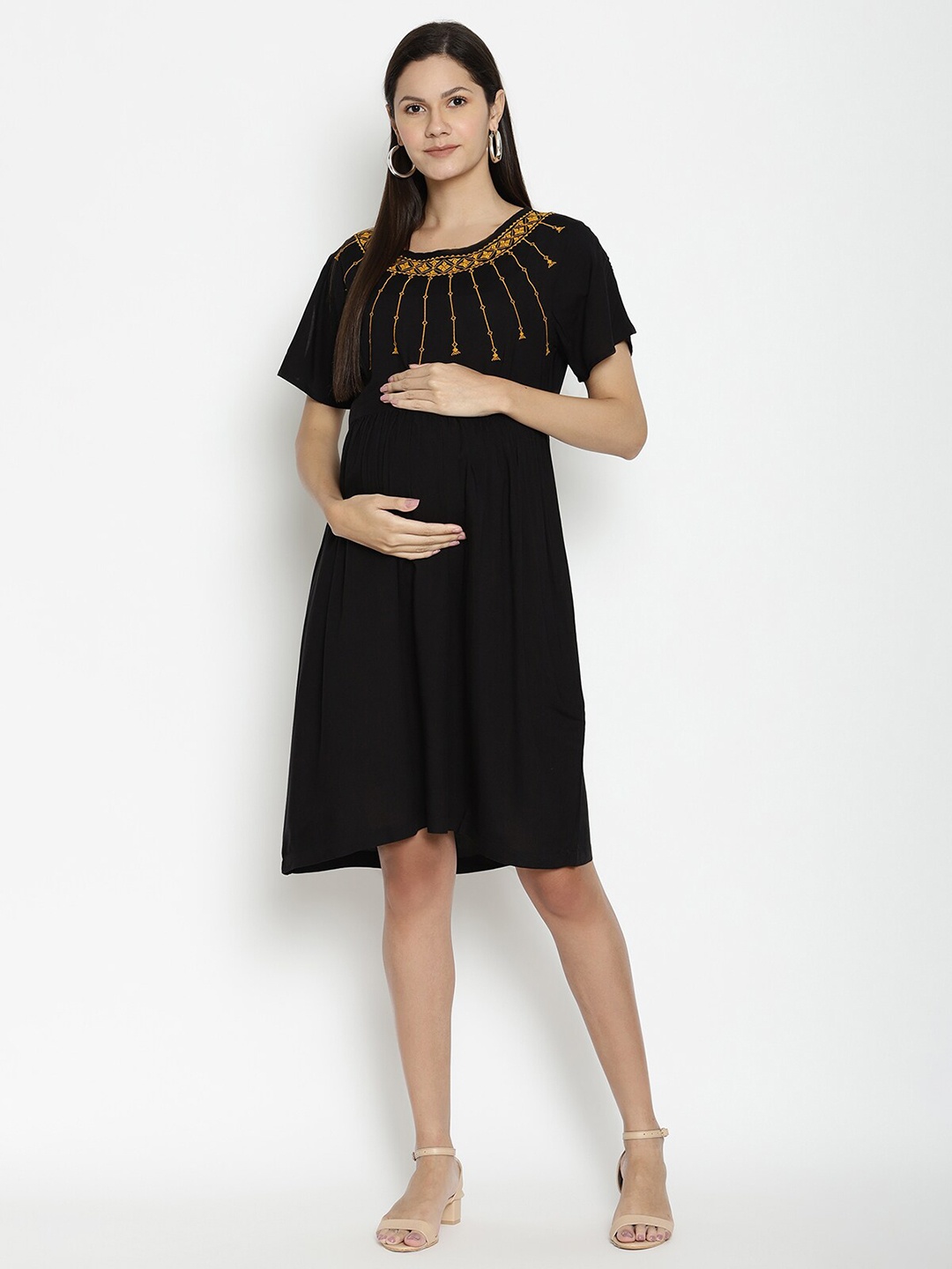 

The Vanca Black Embroidered Maternity A-Line Dress