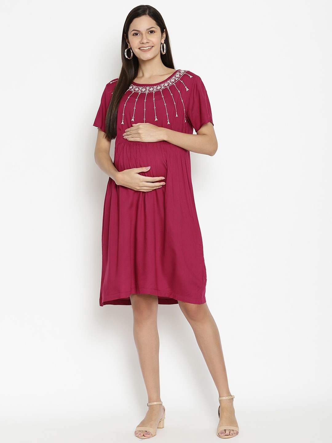 

The Vanca Red Maternity A-Line Maternity Embroidered Dress