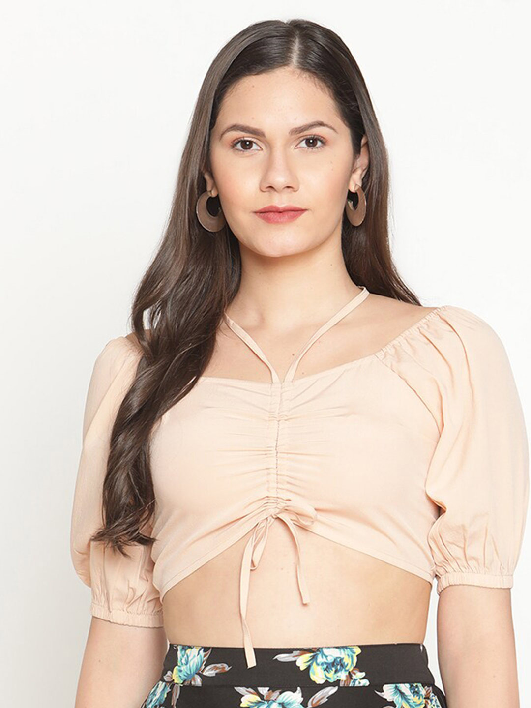 

The Vanca Beige Solid Ruched Crop Top