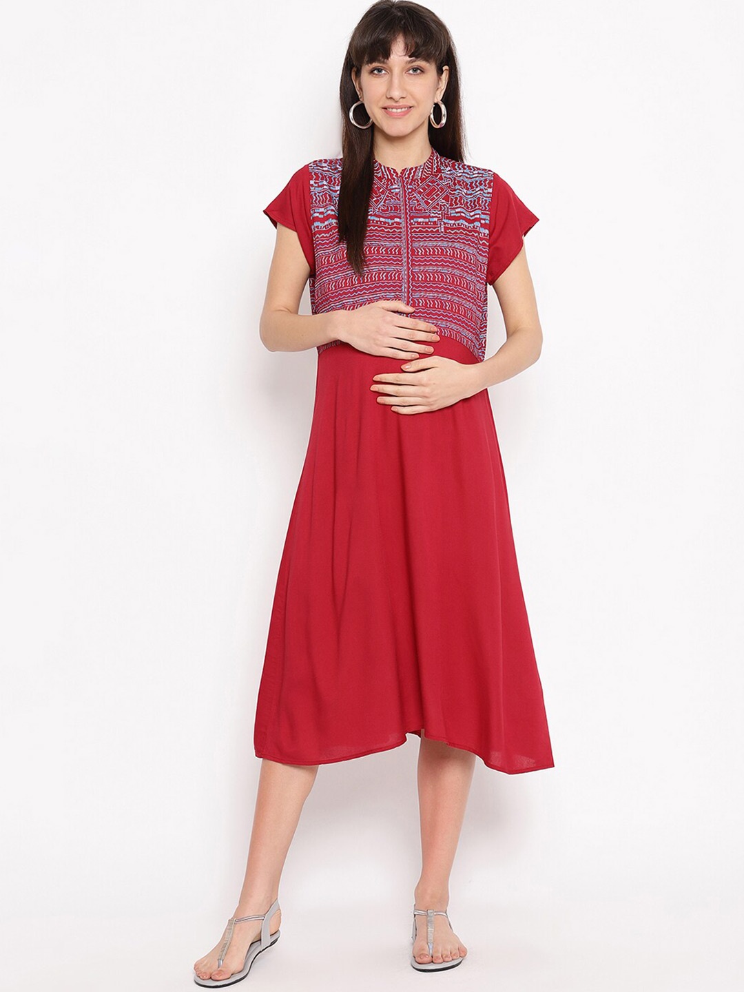 

The Vanca Red & Blue Ethnic Motifs Maternity A-Line Midi Dress