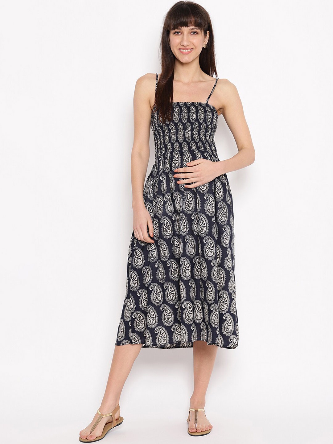 

The Vanca Blue Ethnic Motifs Maternity A-Line Midi Dress