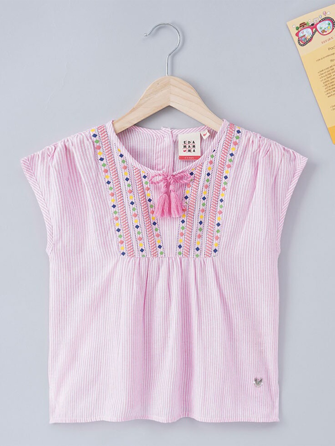 

Ed-a-Mamma Girls Pink Embroidered Striped Top