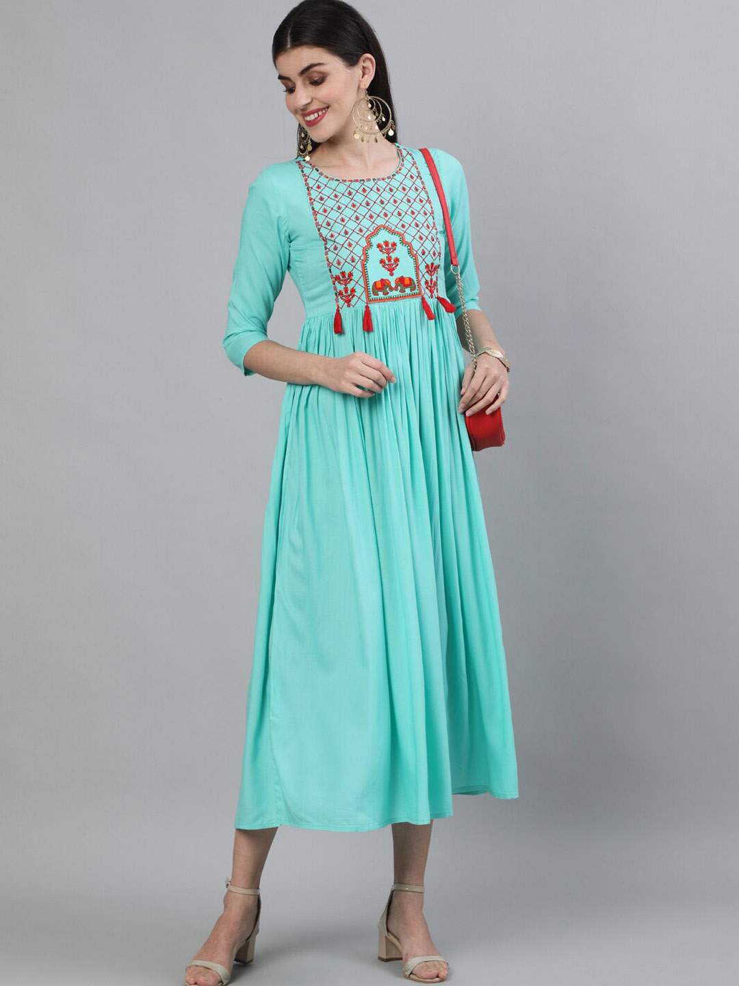 

KIMAYRA Sea Green Ethnic Motifs Embroidered Ethnic Midi Ethnic Dress