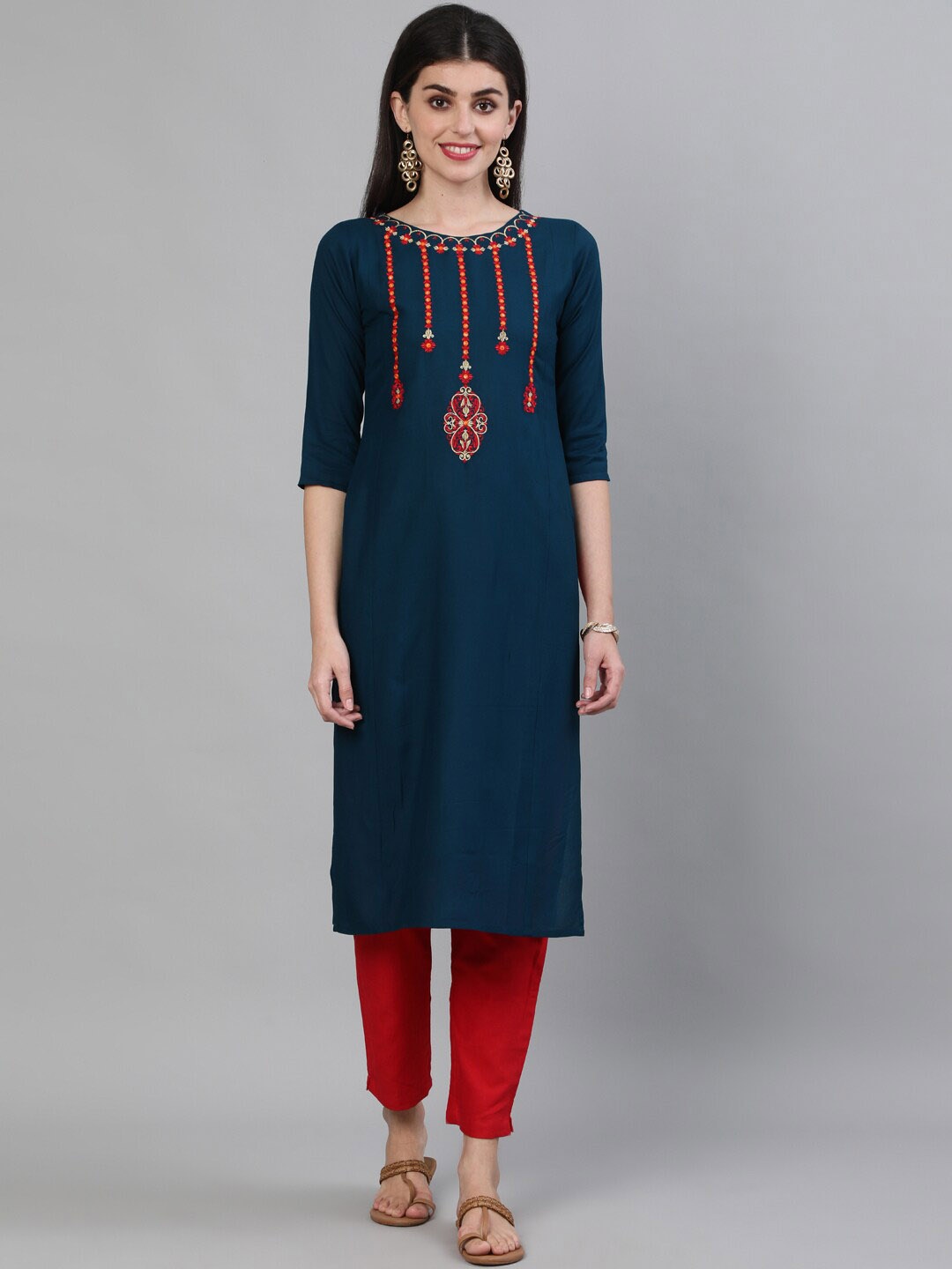 

KIMAYRA Women Teal Yoke Design Thread Work Kurta