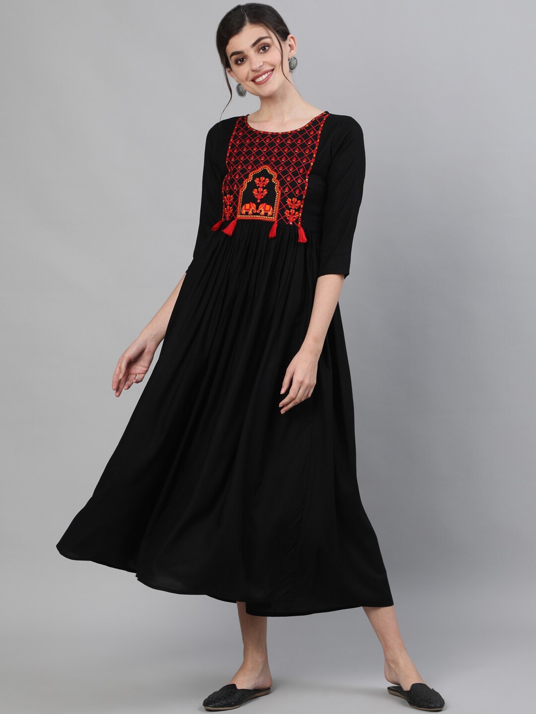 

KIMAYRA Black Ethnic Motifs Embroidered Ethnic Maxi Ethnic Dress