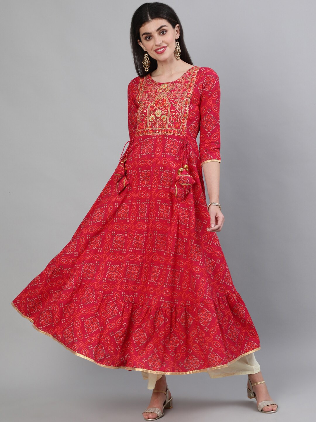 

KIMAYRA Women Pink Bandhani Printed Anarkali Kurta