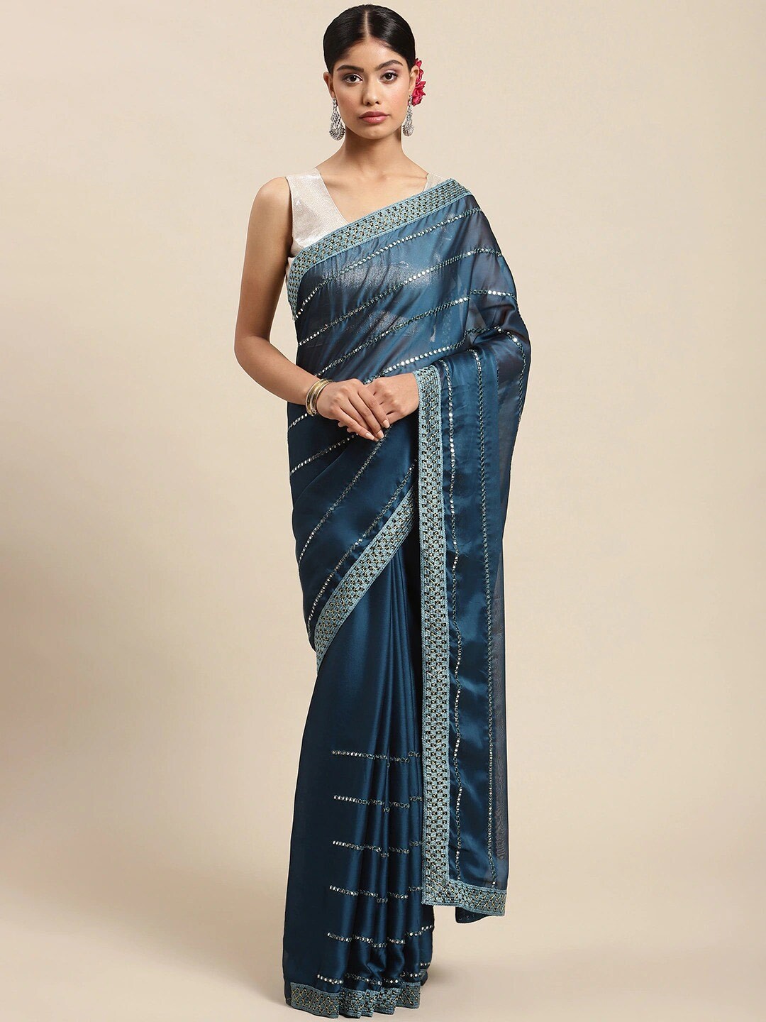 

all about you Teal & Silver-Toned Striped Mirror Work Heavy Work Saree