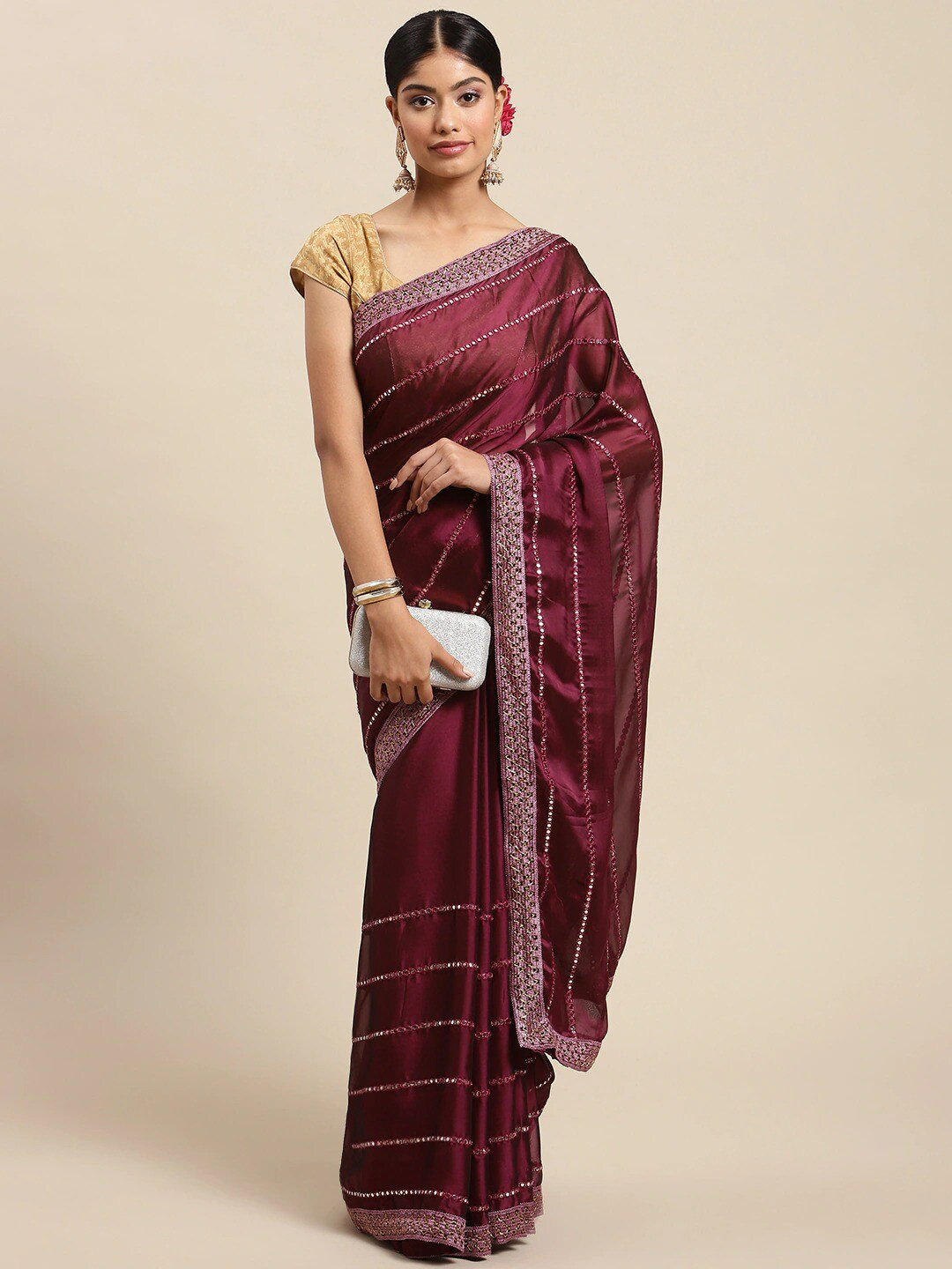 

all about you Burgundy Embellished Mirror Work Saree